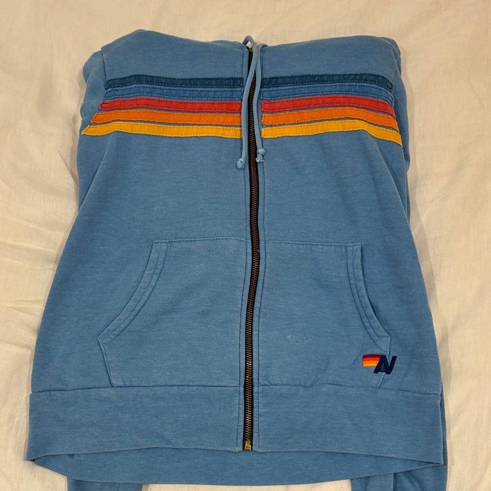 Aviator Nation Blue Hoodie with Rainbow Stripes